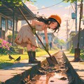 初夏の朝、側溝掃除をする少女 3枚目