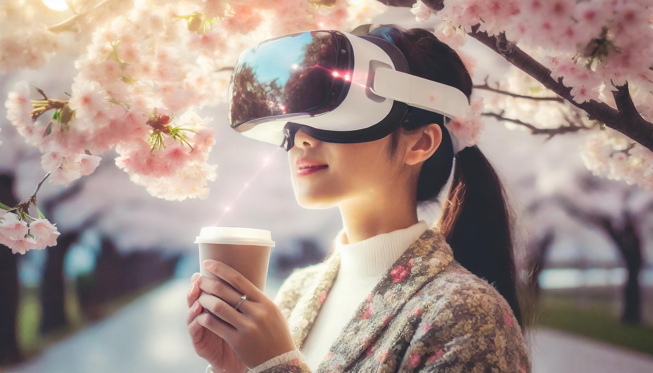 VRゴーグルをしながらコーヒーを飲む女性
