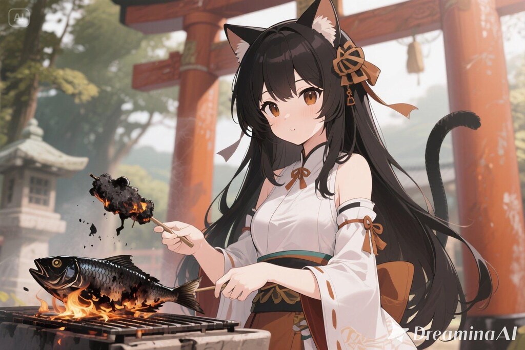 魚を焼くさくらちゃん