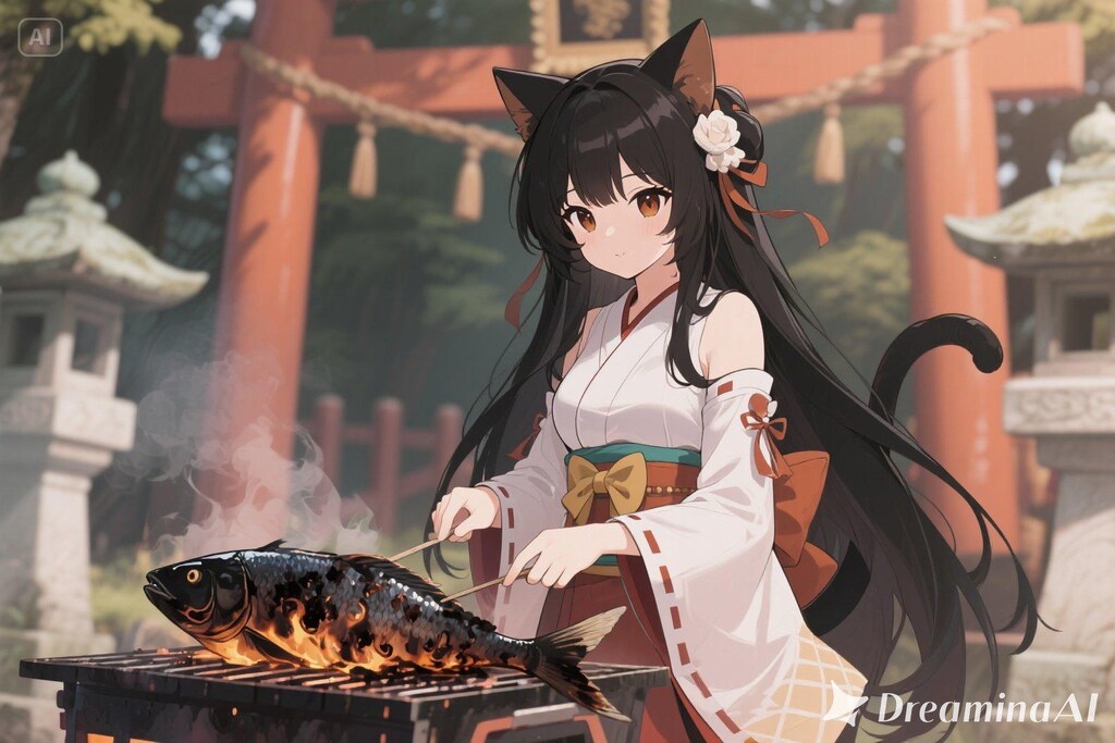 魚を焼くさくらちゃん