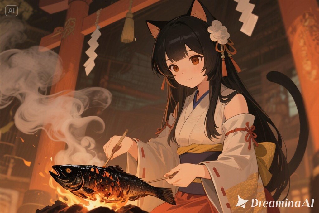魚を焼くさくらちゃん