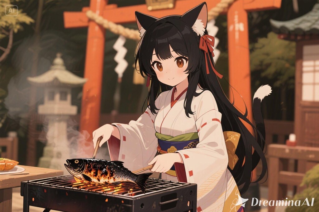 魚を焼くさくらちゃん