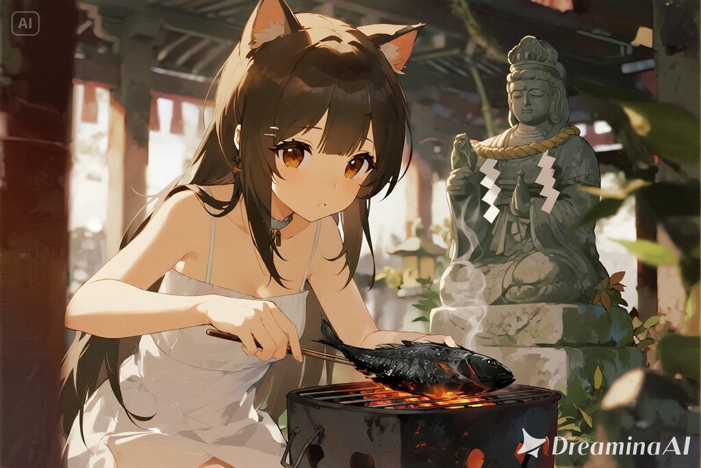 魚を焼くさくらちゃん