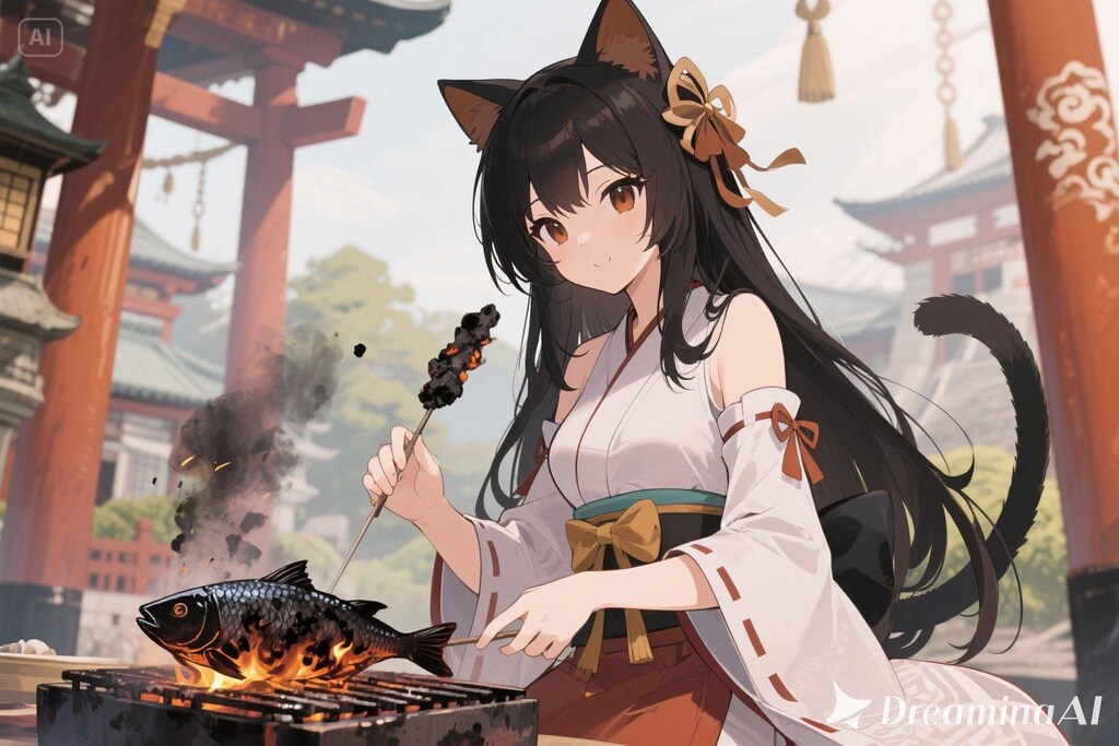 魚を焼くさくらちゃん