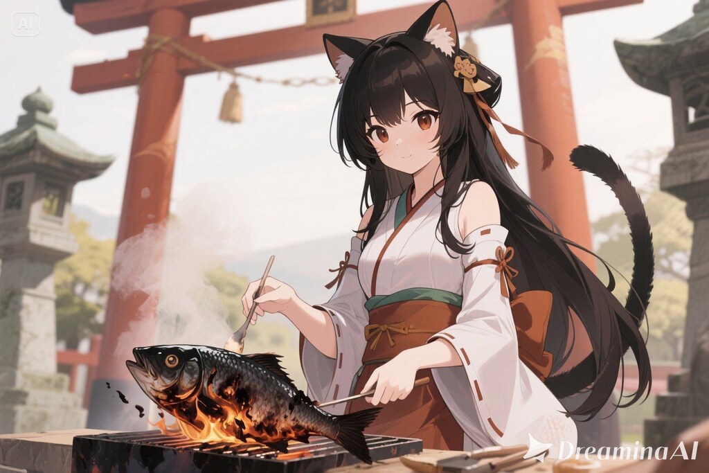 魚を焼くさくらちゃん