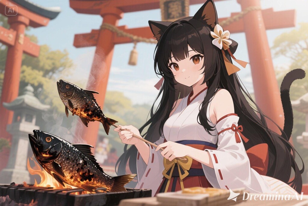 魚を焼くさくらちゃん