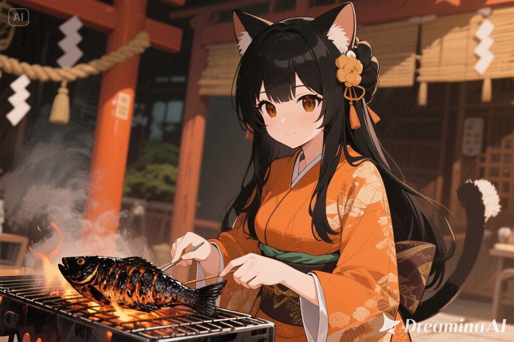 魚を焼くさくらちゃん