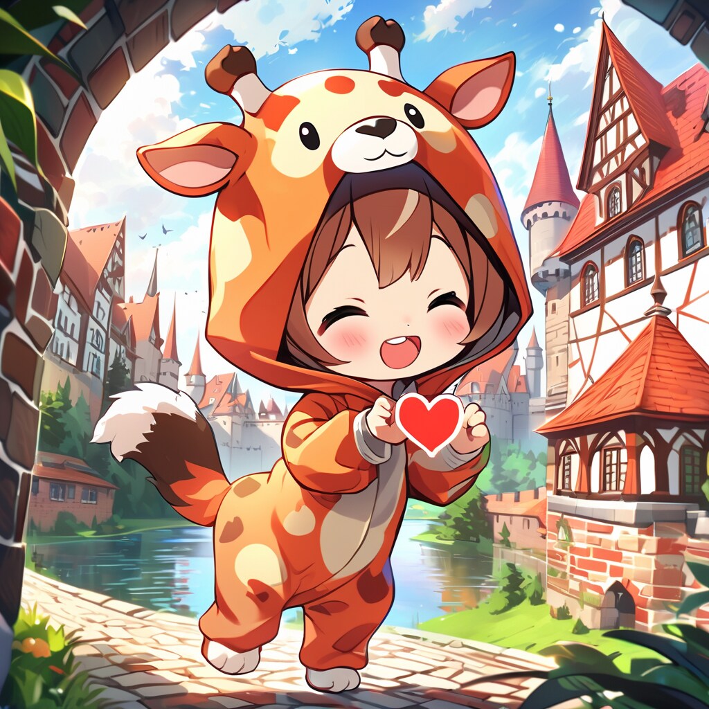 赤レンガ造りの城と街並みとキリン着ぐるみちび子ちゃん