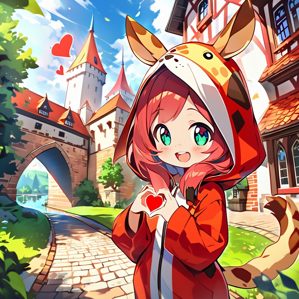 赤レンガ造りの城と街並みとキリン着ぐるみちび子ちゃん