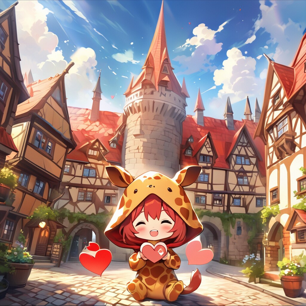 赤レンガ造りの城と街並みとキリン着ぐるみちび子ちゃん