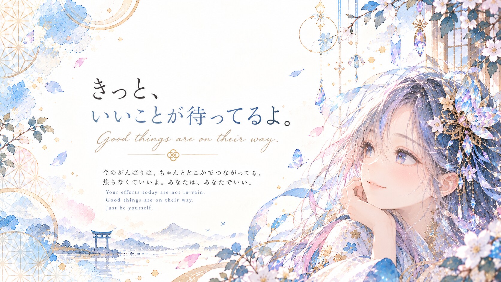 A soft smile beneath crystal blossoms, resting easy while a torii waits quietly on the water below. | の人気AIイラスト・グラビア