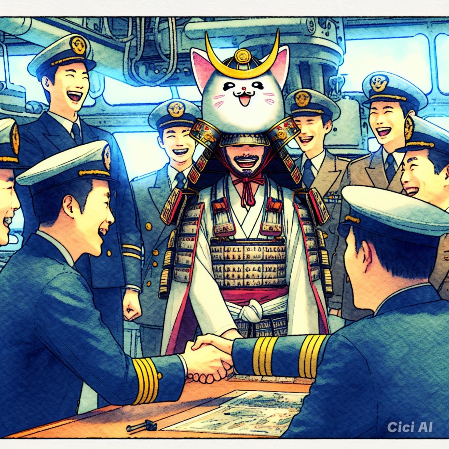 サツマ国の武士、地上戦艦にて握手かわす | の人気AIイラスト・グラビア