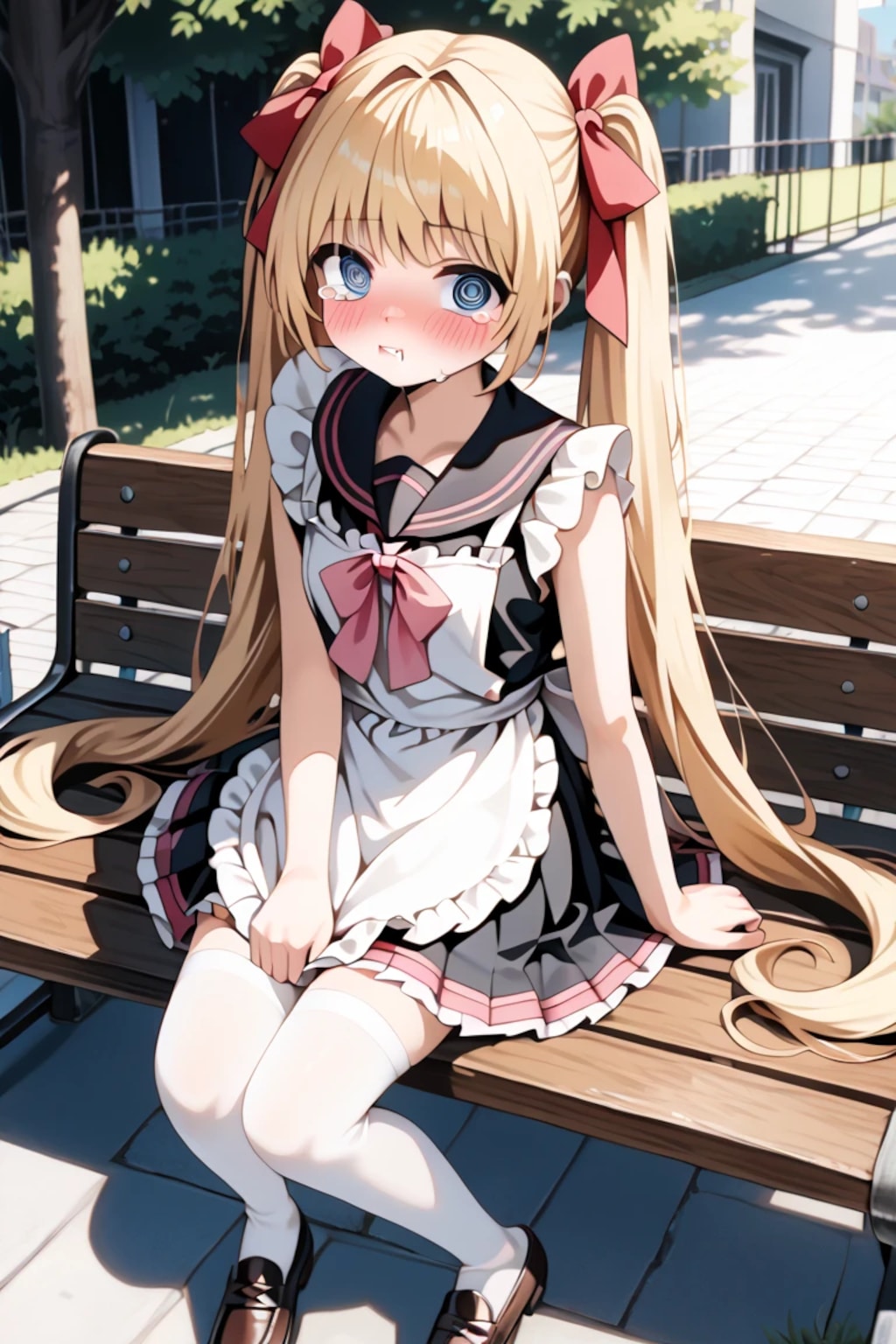 「えっ…！？」金髪ツインテメイド莉奈のベンチで照れ顔♡ かわいいでしょ？🌸😳