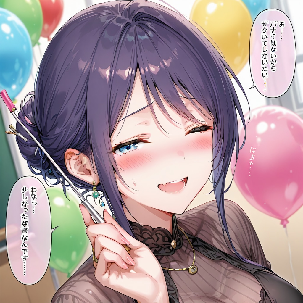 いっぱい風船を持つお団子ヘアの美女教師
