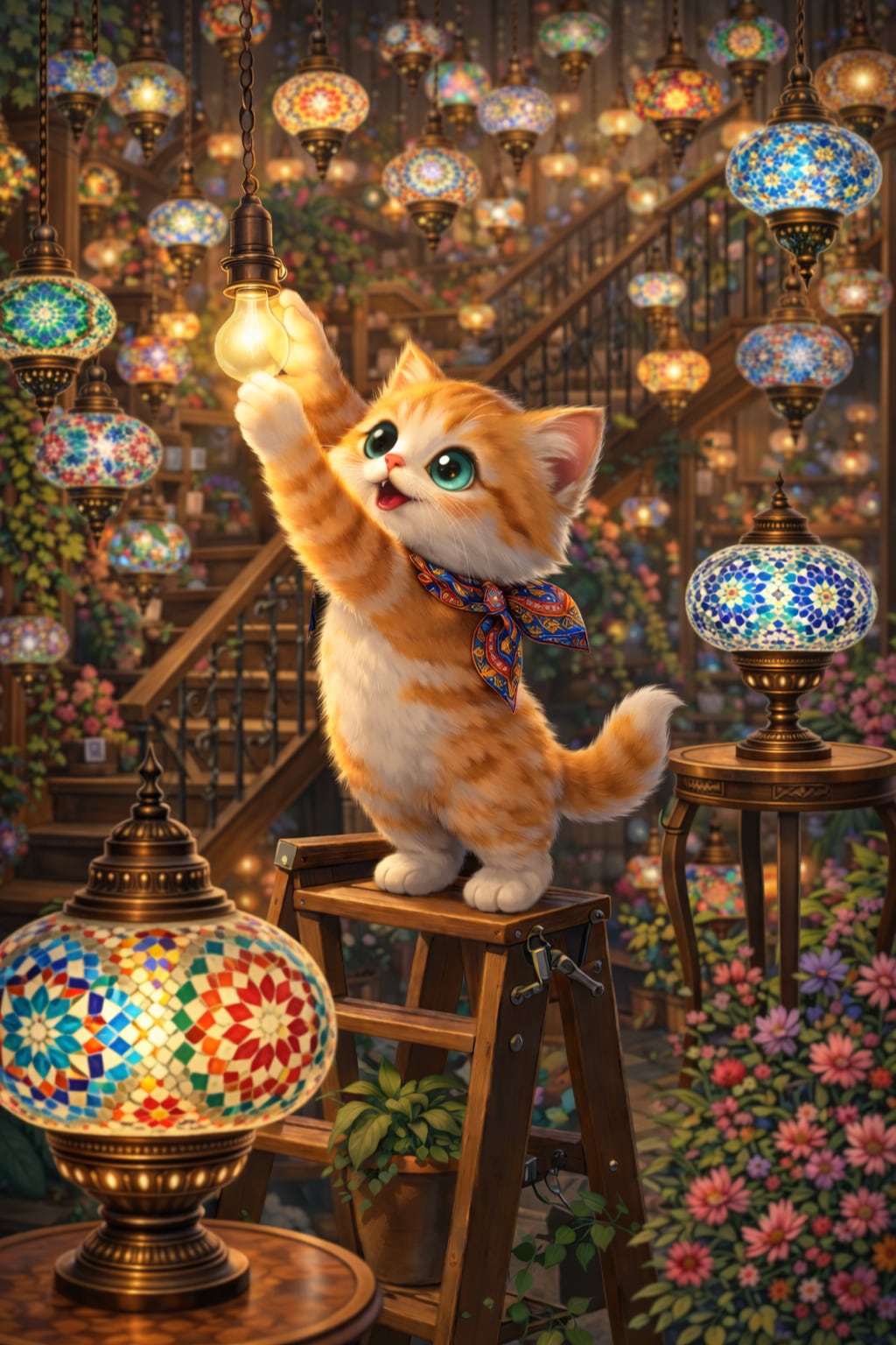 仔猫店主の背伸び～ぬくもりのランプ～