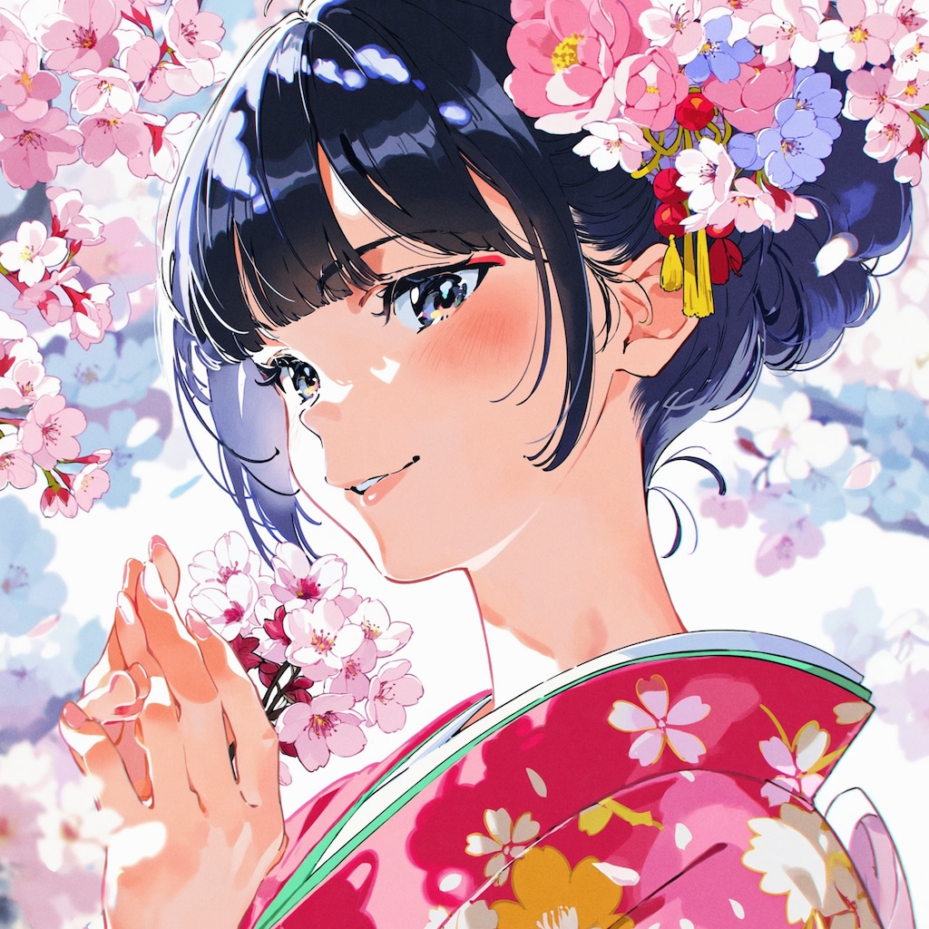 桜と着物の美少女