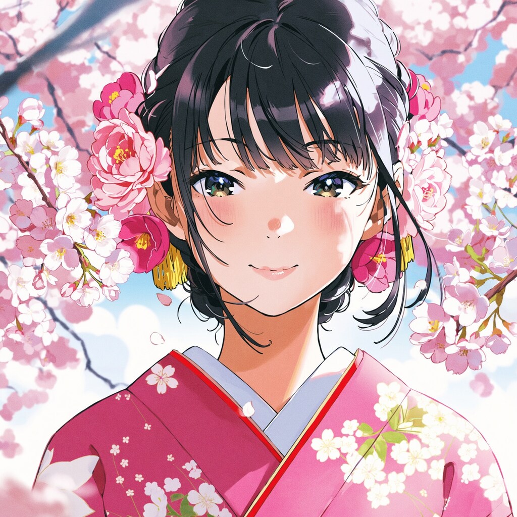 桜と着物の美少女