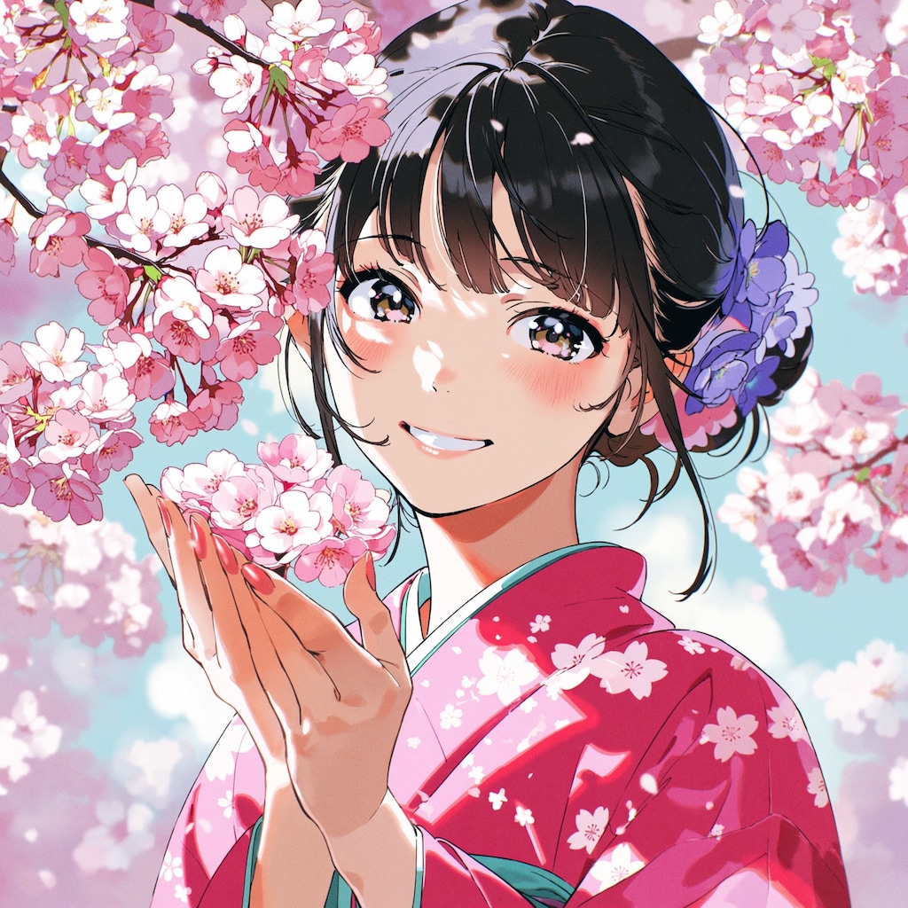 桜と着物の美少女