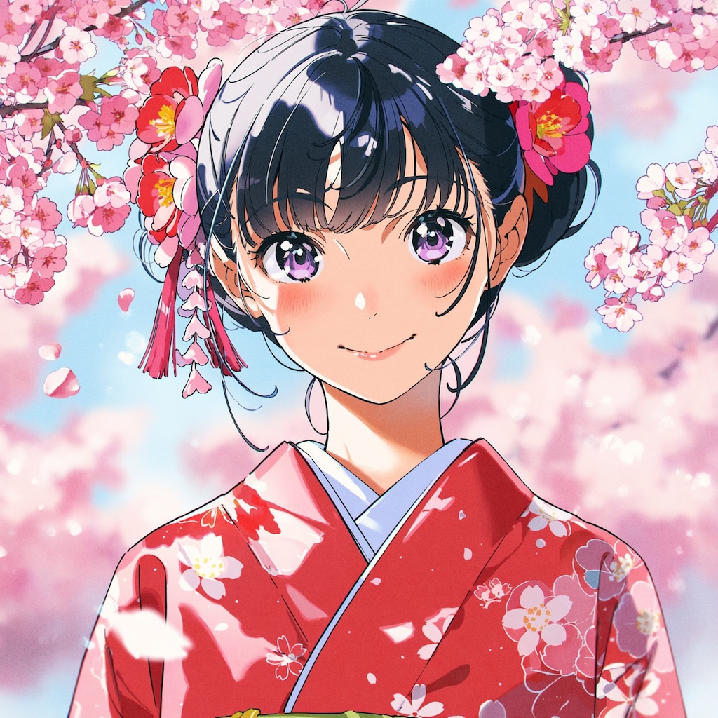 桜と着物の美少女