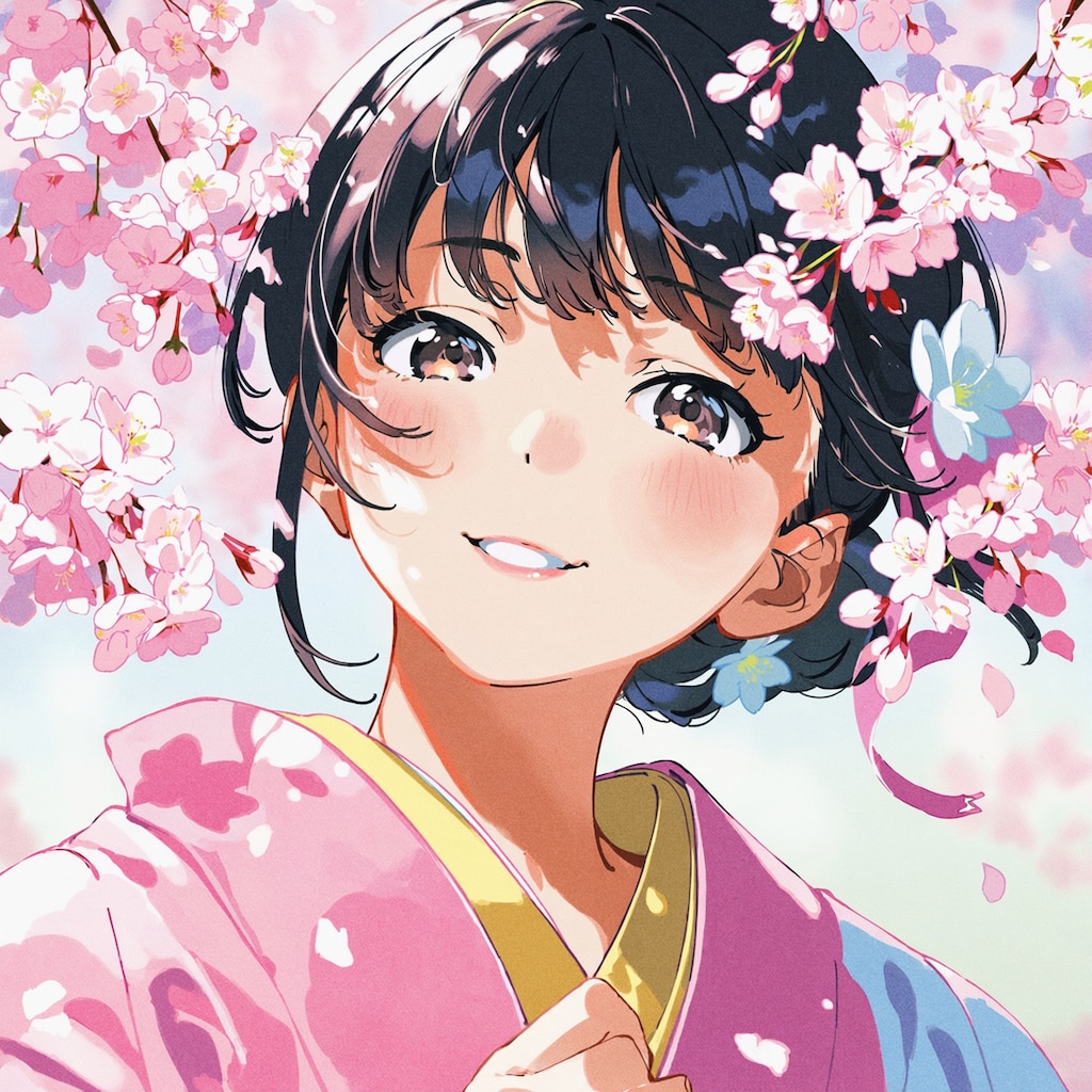 桜と着物の美少女