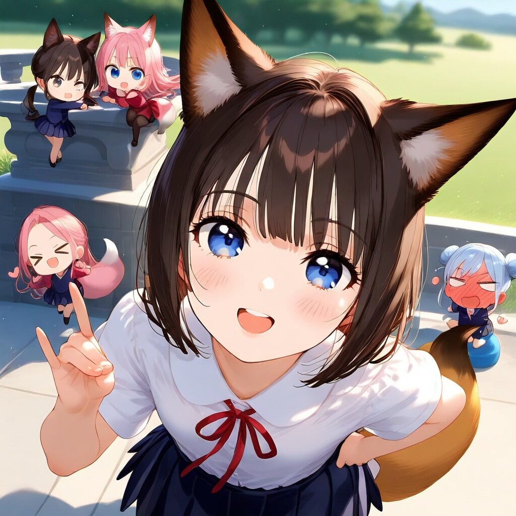 おぉ-、手がぁ-、«キツネさんポーズ≫をしてくれました!。