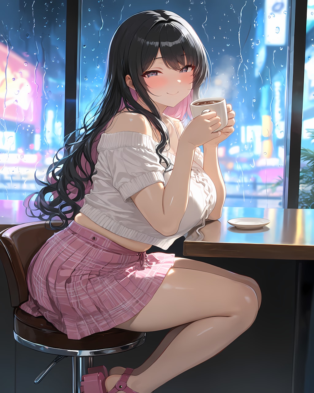 ☕雨の夕暮れ…ネオンカフェで一息☔