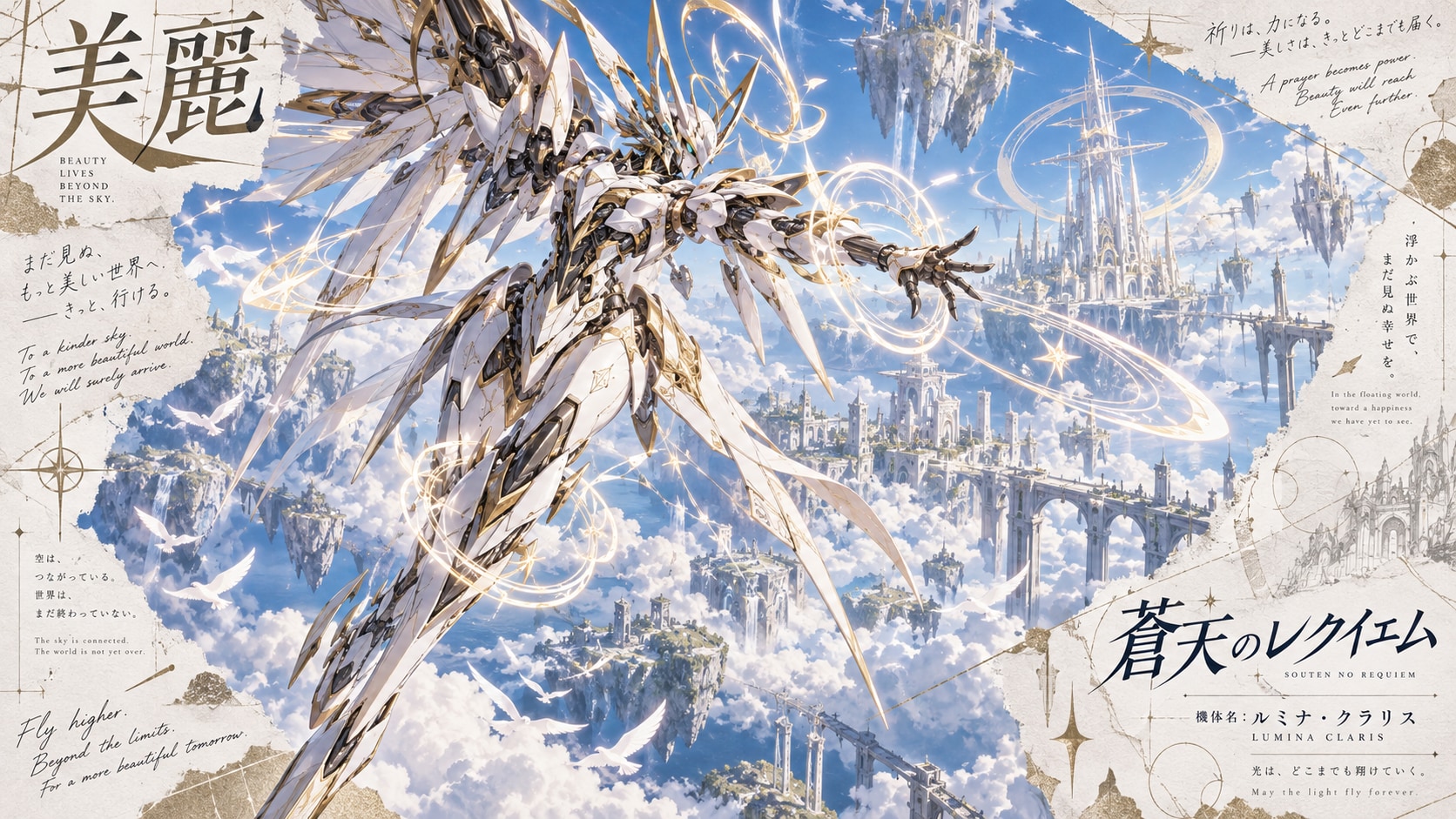 Soaring through a blue sky full of floating islands, doves scattering in its wake.  A prayer becomes | の人気AIイラスト・グラビア