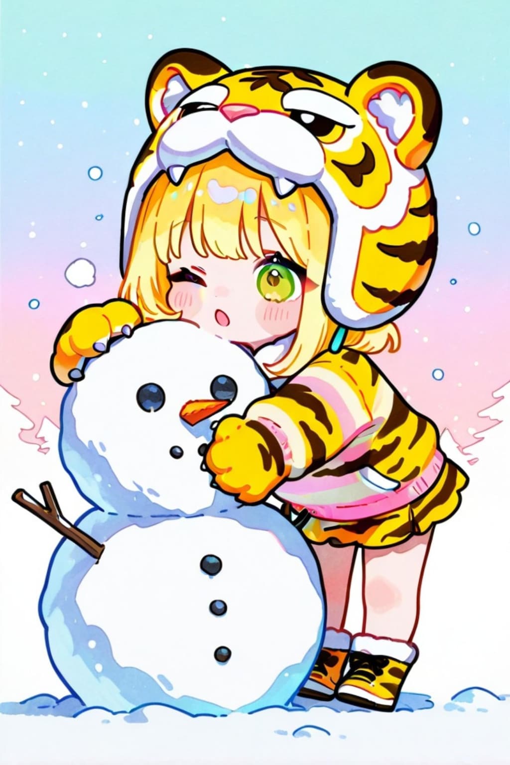 虎娘ちゃんと雪だるま