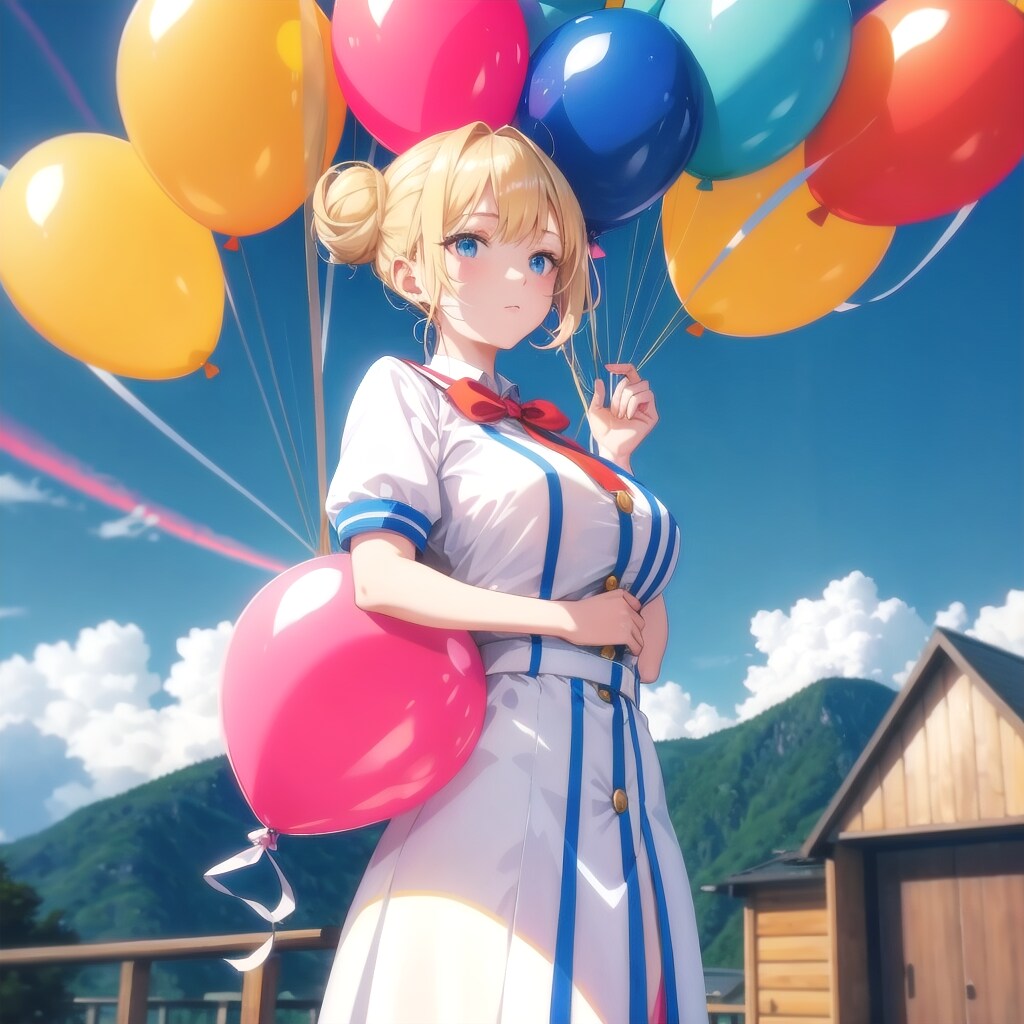 いっぱい色とりどりの風船を持つブロンドお団子ヘアのキャビンアテンダントの美女 | の人気AIイラスト・グラビア