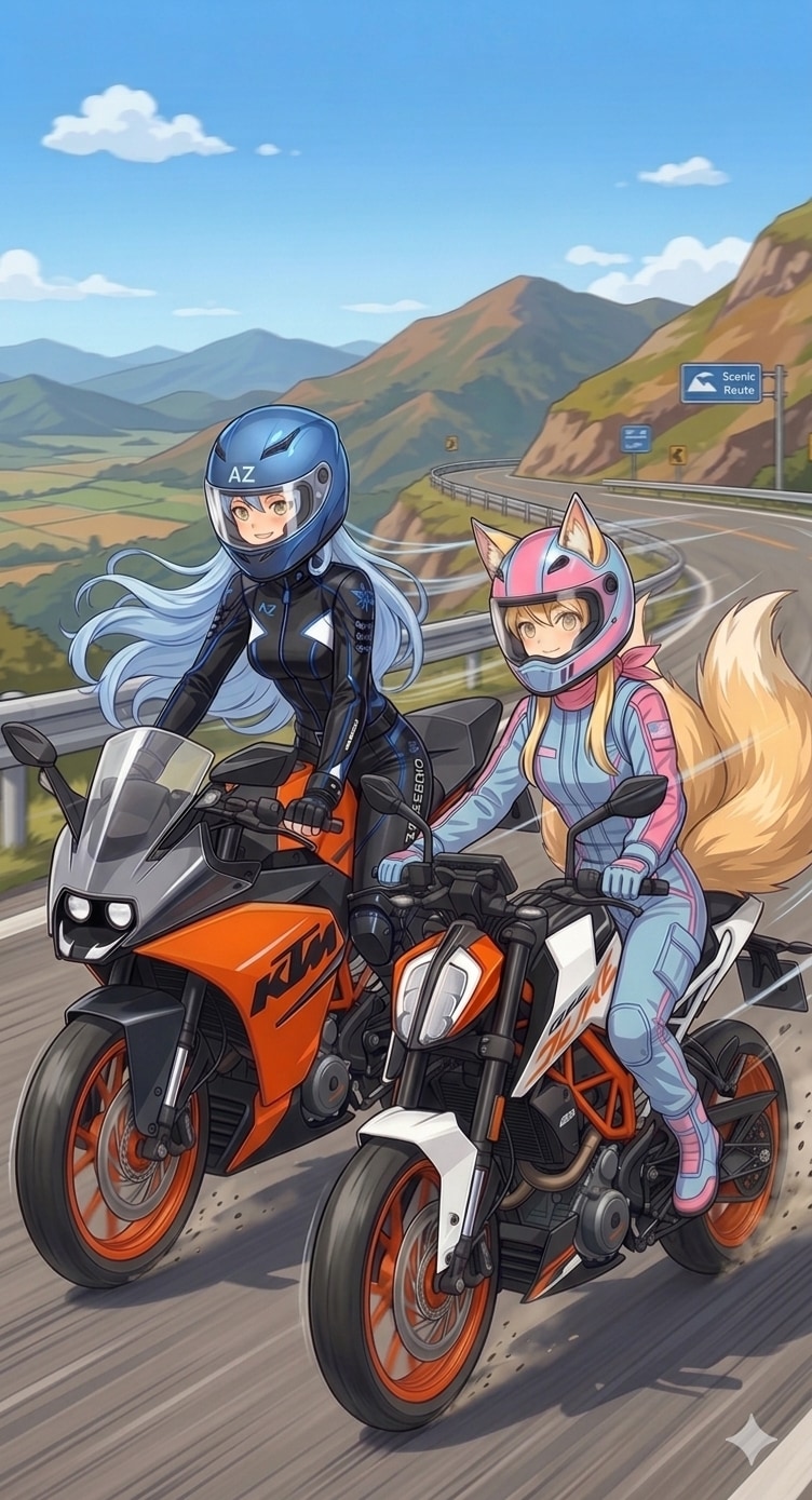 ツーリングするミラちゃんとブルーダリアちゃん