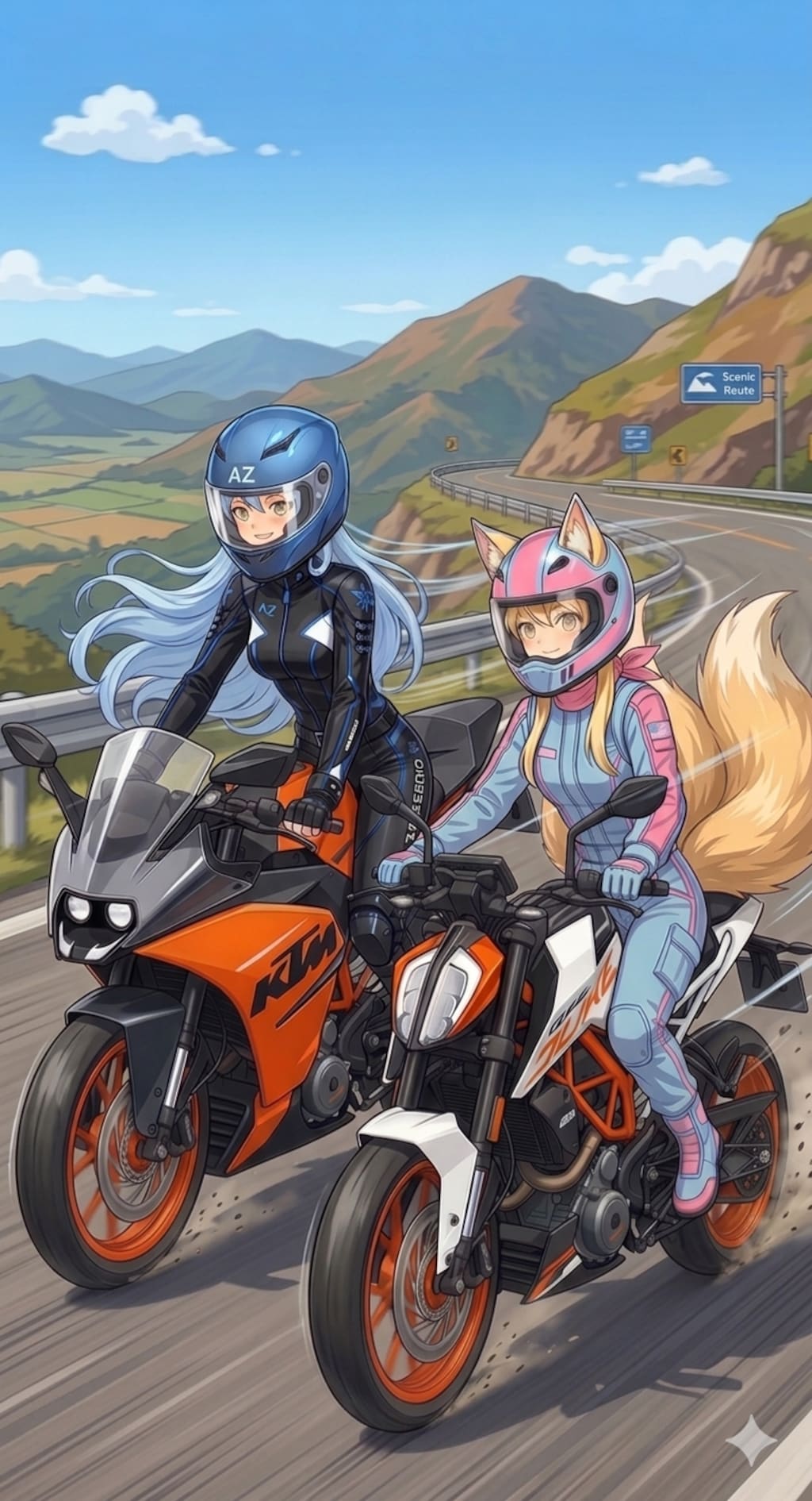 ツーリングするミラちゃんとブルーダリアちゃん