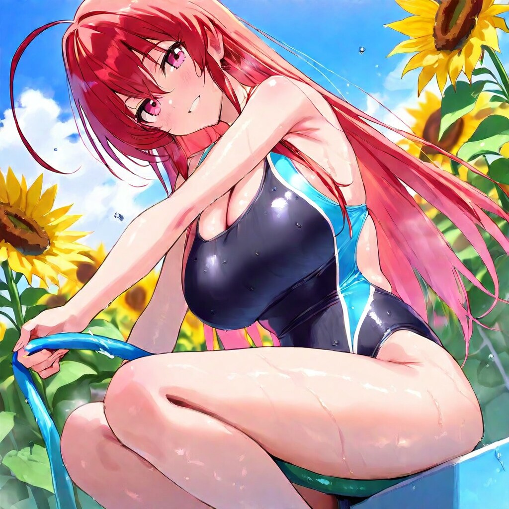 ひまわり畑で水遊び