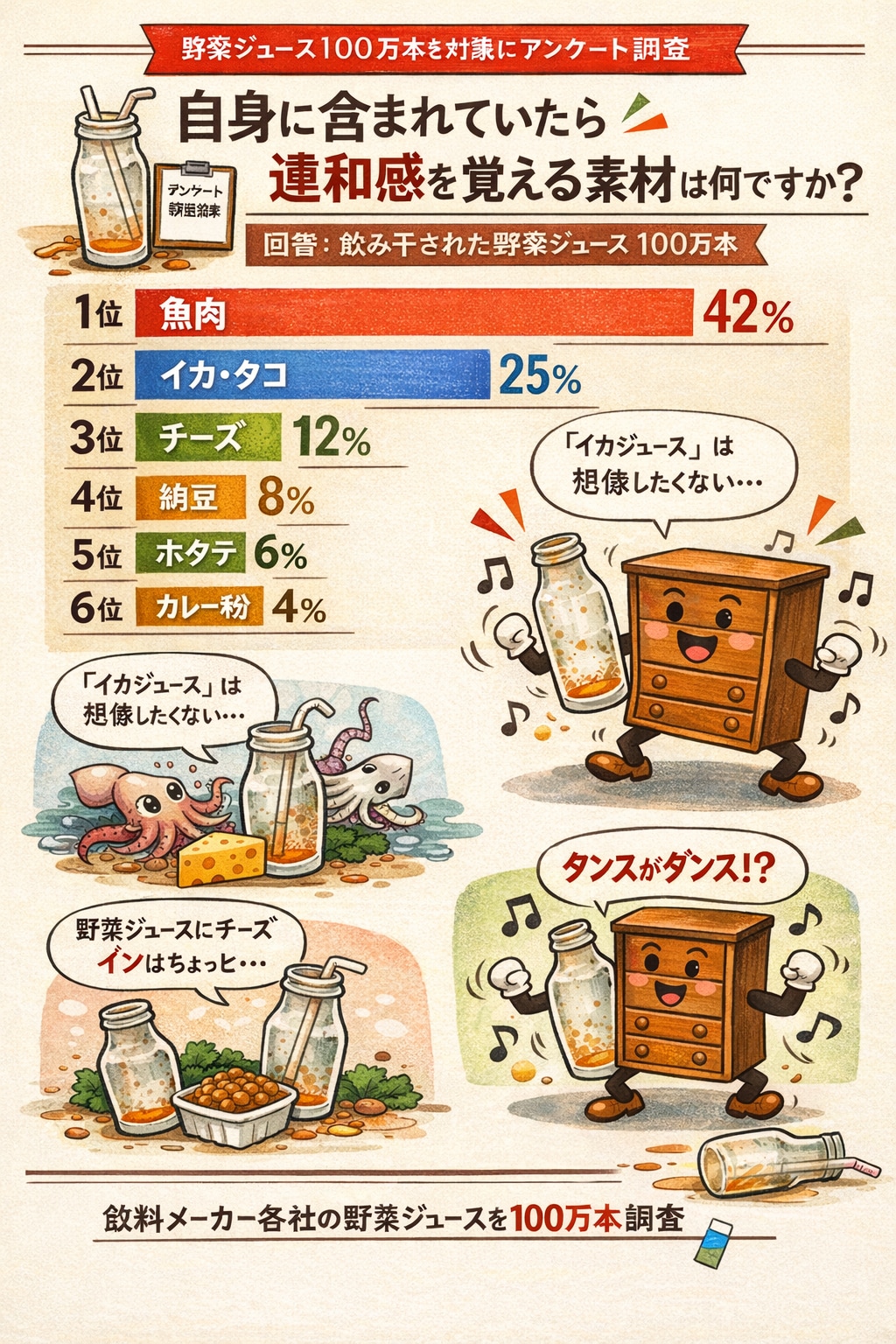 飲み干された野菜ジュースに聞きました。「自身に含まれていたら違和感を覚える素材は何ですか？」アンケート結果