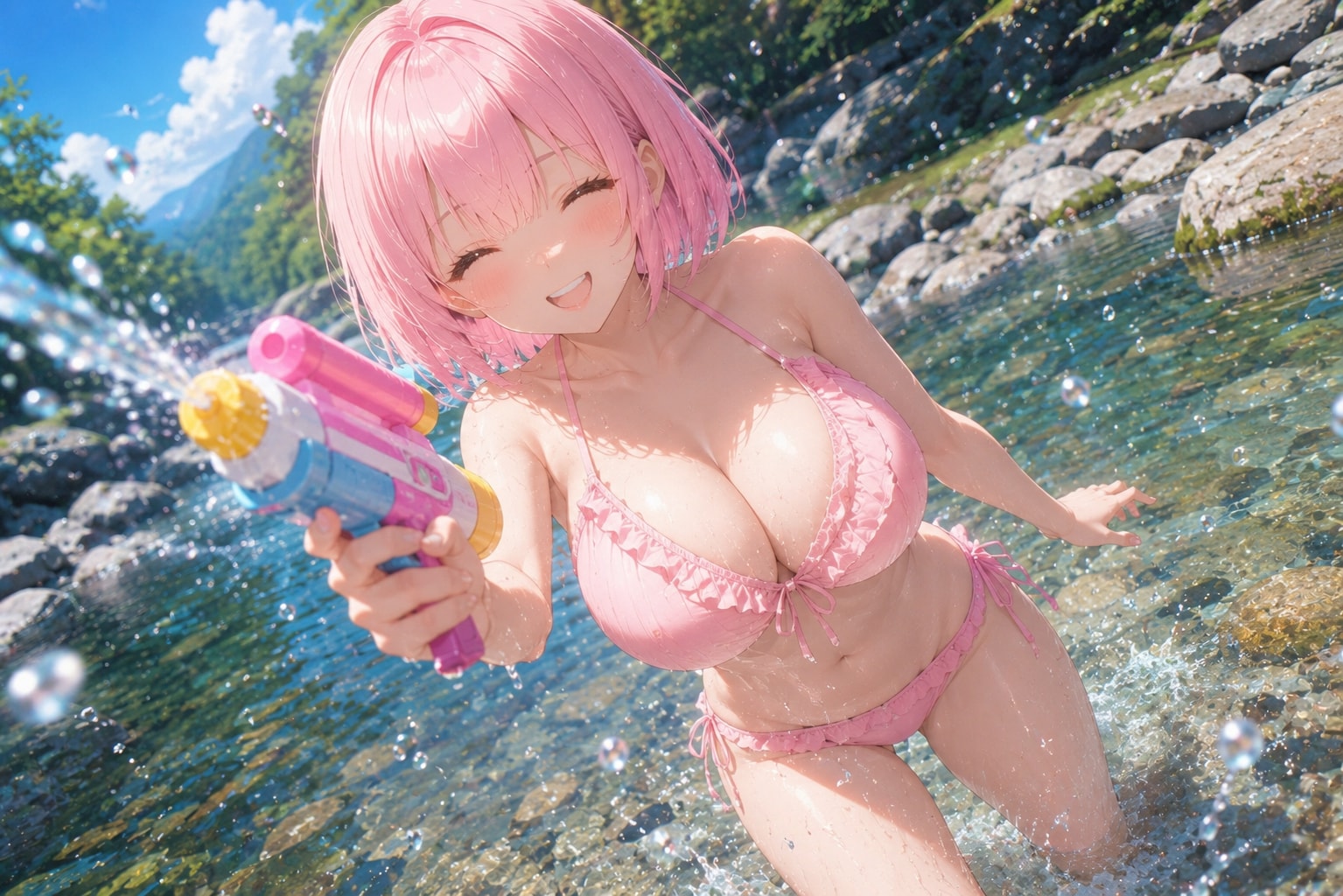 川遊びするピンクちゃん👙🚿🔫
