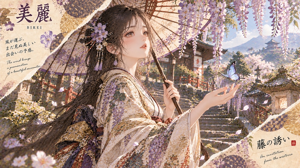 An invitation from the wisteria, a butterfly pausing just out of reach on the shrine stairway.  The