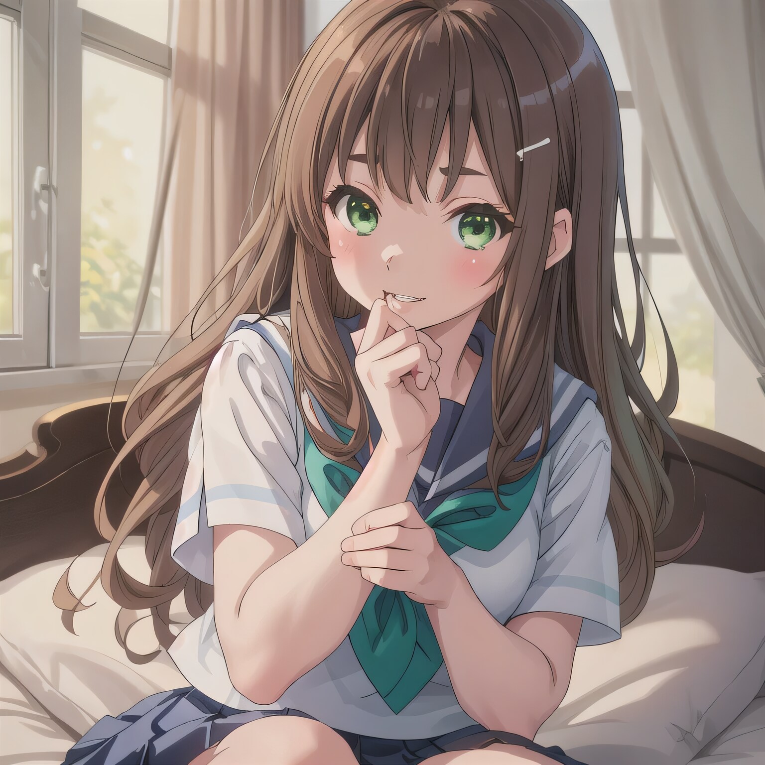 茶髪ロングで寝室の少女２ | の人気AIイラスト・グラビア