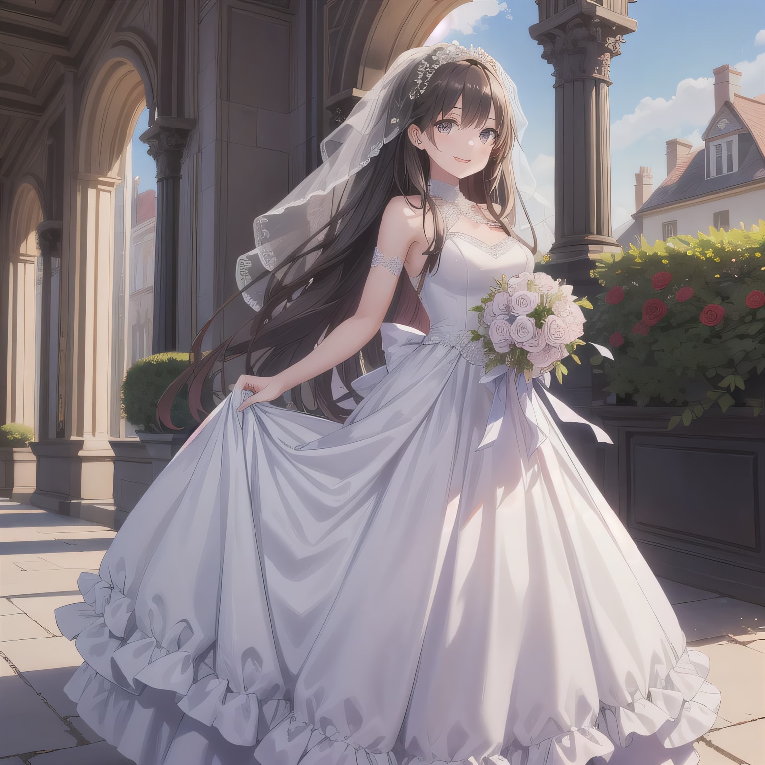 黒髪ロングでウェディングドレスの少女４２ | の人気AIイラスト・グラビア