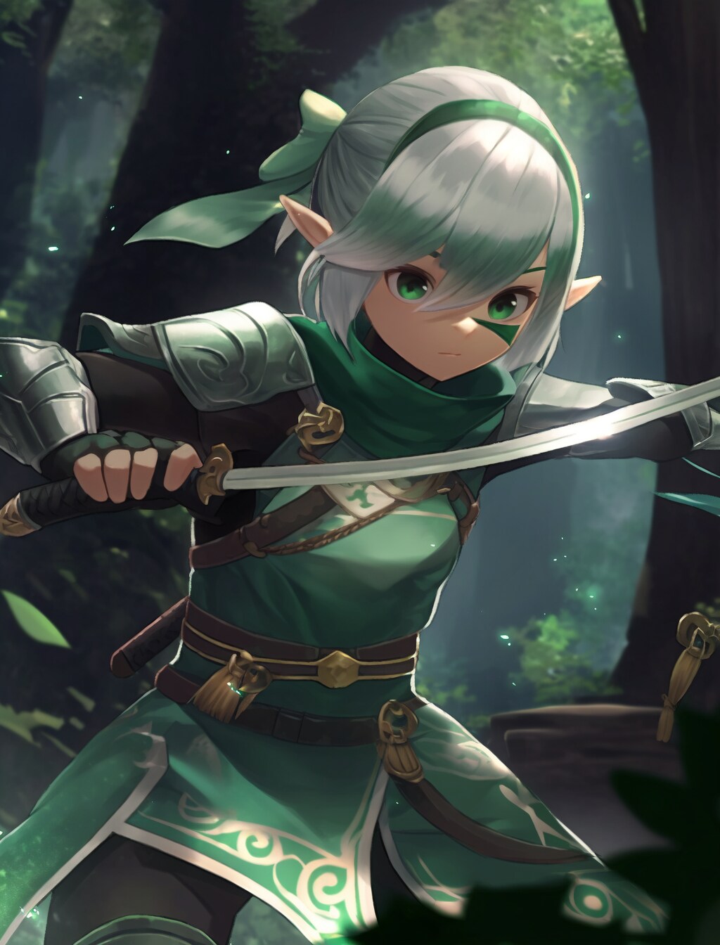 斥候のエルフ、森を進む