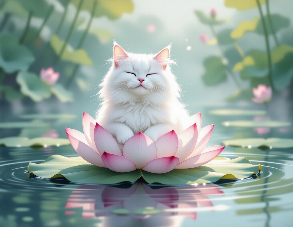 蓮の花に座す癒しの猫 / A soothing cat sitting on a lotus flower