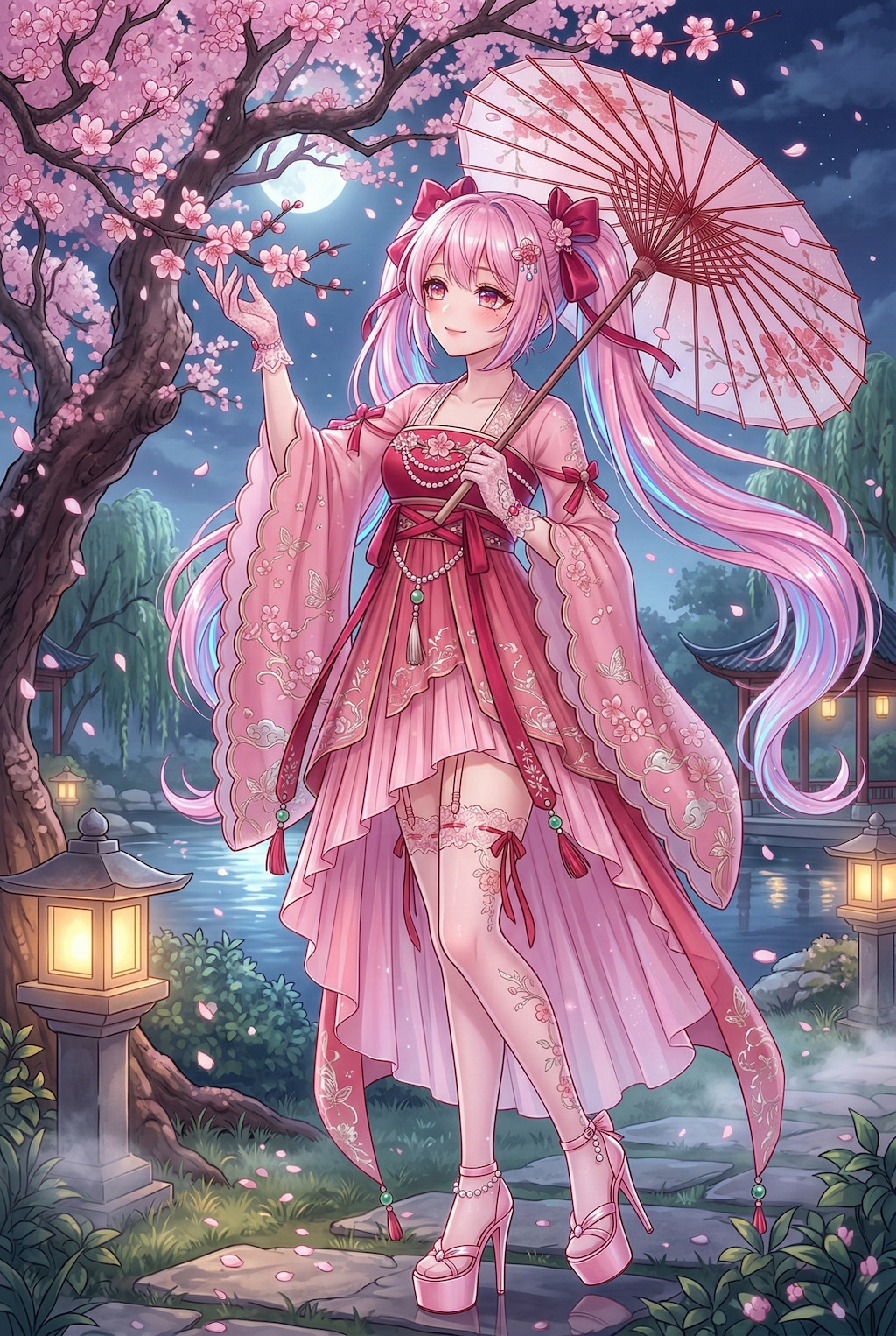 華舞う桃紅の傘下乙女