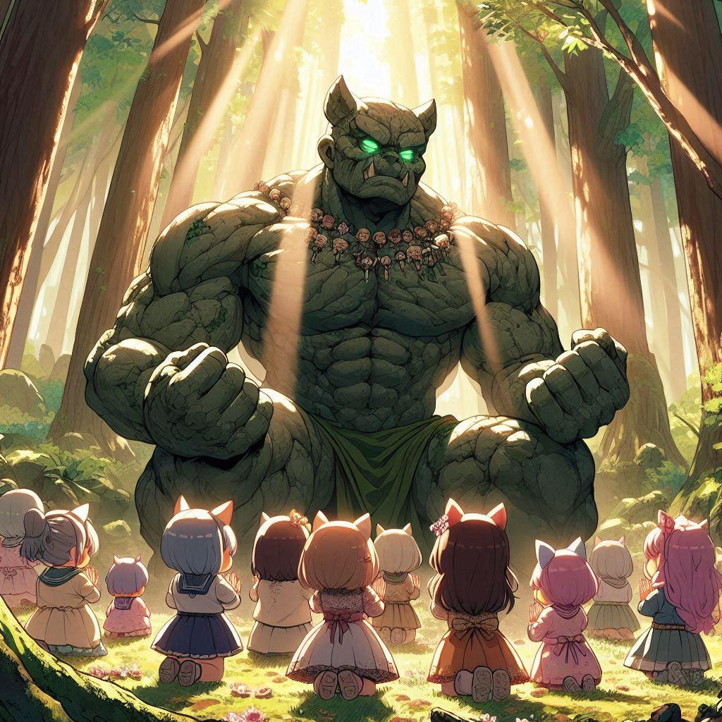 神獣に祈りを捧げるケモミミ族の子たち。
