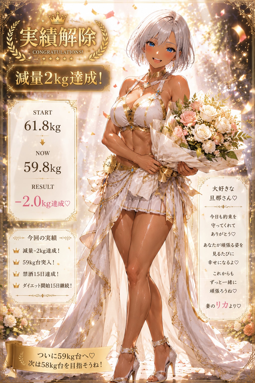 減量2キロ達成！花束とエロいポーズをくれる専属トレーナー(ギャル妻)