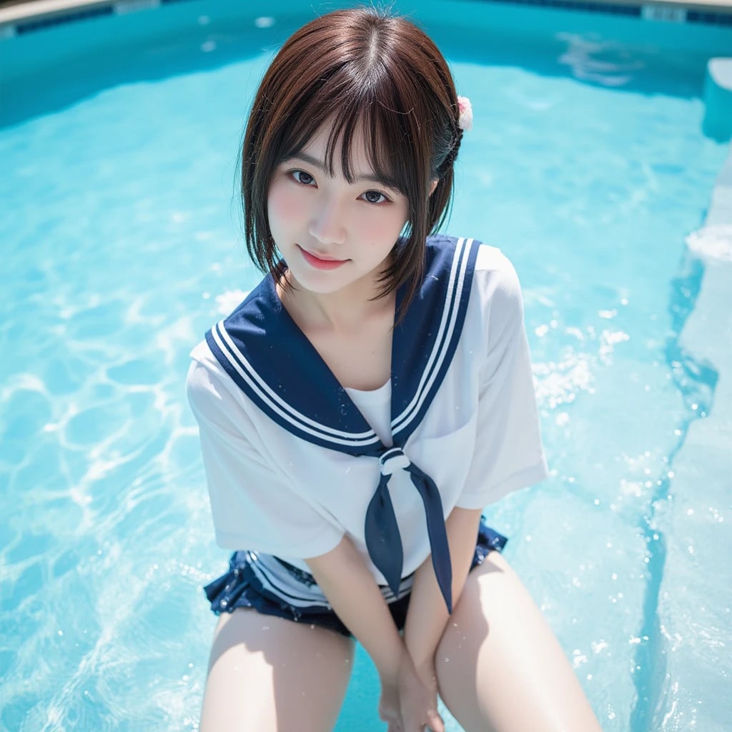 制服でプール