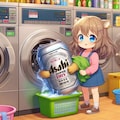 コインランドリーでビール缶と洗濯物を洗う小さな女の子 2枚目
