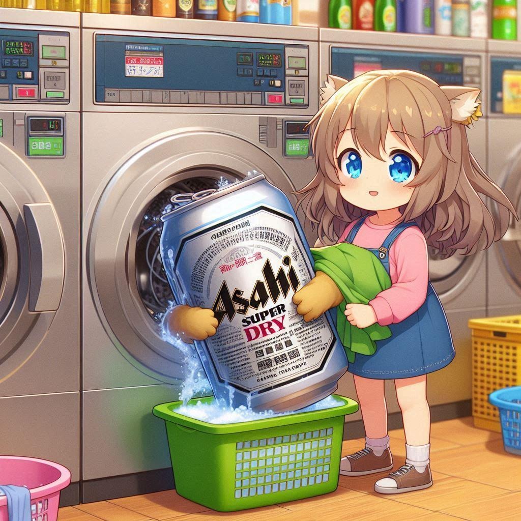 コインランドリーでビール缶と洗濯物を洗う小さな女の子