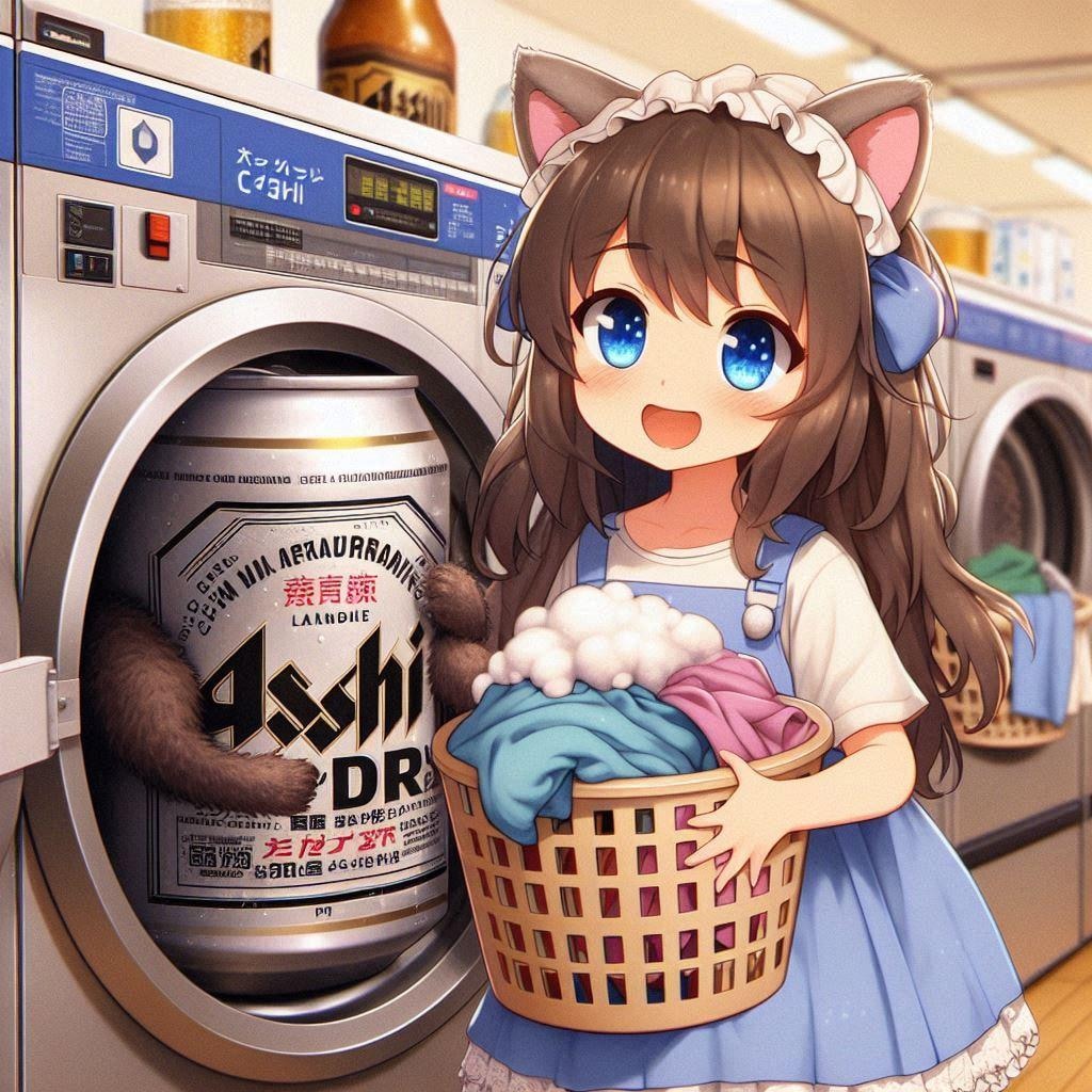 コインランドリーでビール缶と洗濯物を洗う小さな女の子