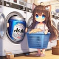 コインランドリーでビール缶と洗濯物を洗う小さな女の子 3枚目
