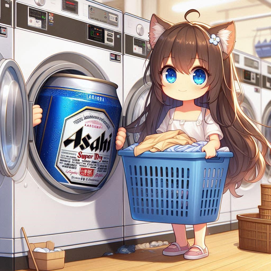 コインランドリーでビール缶と洗濯物を洗う小さな女の子