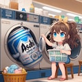 コインランドリーでビール缶と洗濯物を洗う小さな女の子 5枚目