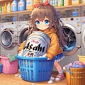 コインランドリーでビール缶と洗濯物を洗う小さな女の子 7枚目